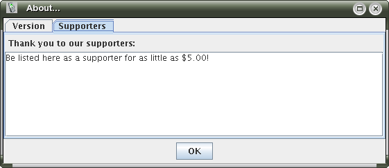 The About... dialog showing the mDevInf supporters
