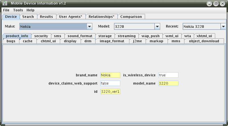 Selected device information