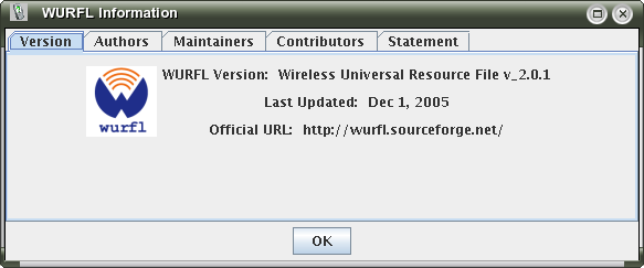 The WURFL Information dialog showing Version info