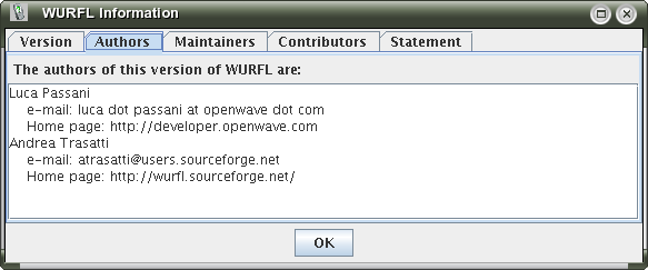 The WURFL Information dialog showing Author info