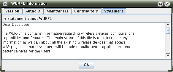 The WURFL Information dialog showing the Statement